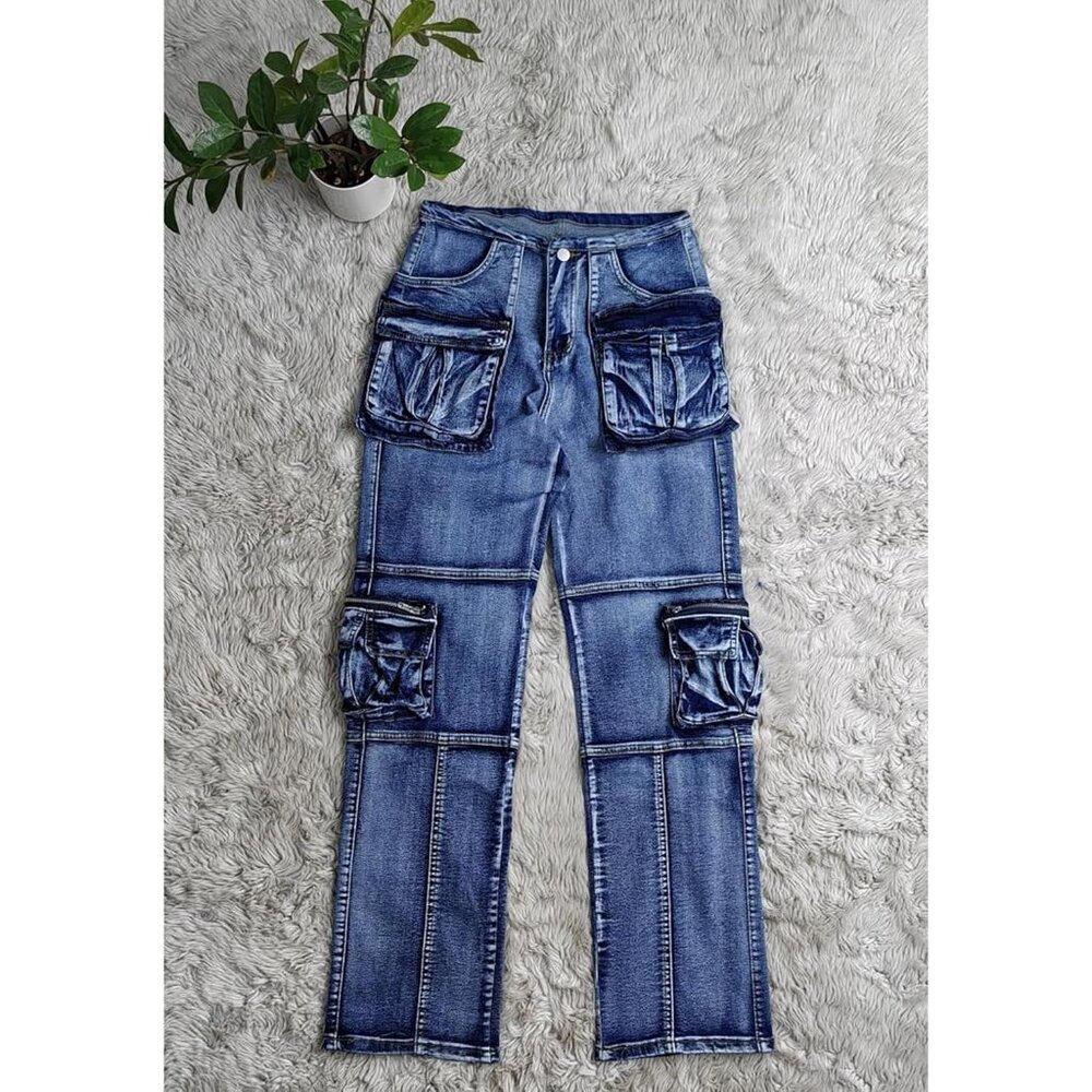 Women's Cargo Jeans High Waisted Straight Leg Denim Pants Zipper Pockets - Picture 4 of 5